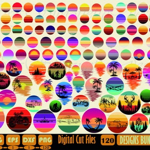 Könnte beinhalten: Ein Set mit 120 digitalen Schnittdateien mit Retro-Sonnenuntergangsdesigns in verschiedenen Themen, darunter Palmen, Berge, Motorräder und Flugzeuge. Die Designs sind in verschiedenen Farben gehalten, darunter Pink, Blau, Grün, Gelb und Orange. Die Dateien sind in den Formaten SVG, EPS, DXF und PNG verfügbar.