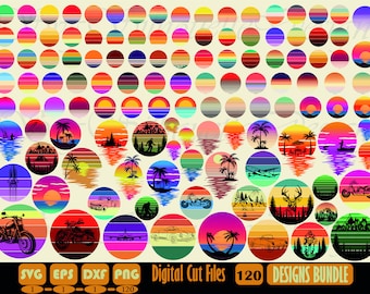 Retro zonsondergang png-bundel, strandpalm, tropische clipart (digitale download)