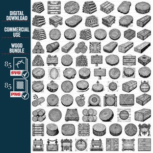 May include: A collection of 85 black and white illustrations of wood, logs, and wood planks. The illustrations are in a variety of shapes and sizes, including circles, squares, and rectangles. The illustrations are perfect for use in crafting projects, scrapbooking, and other creative endeavors.