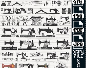 Floral Sewing SVG Bundle, Sewing Machine, Scissors (Digital Download)