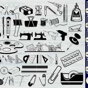 Peut inclure: Un ensemble de fichiers de conception num&eacute;rique en noir et blanc de divers fournitures d'artisanat et d'art, y compris des ciseaux, des r&egrave;gles, de la colle, du fil, des boutons, une machine &agrave; coudre, une palette de peinture, et plus encore. Les formats de fichiers inclus sont SVG, PNG, DXF, EPS et PDF.