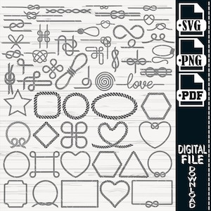 May include: A digital file featuring a collection of nautical rope designs, including knots, borders, and frames. The designs are in black against a white wood grain background. Includes SVG, PNG, and PDF file formats.