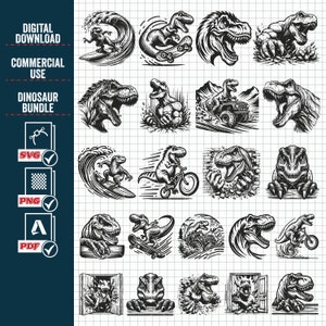 May include: A set of 25 black and white vector illustrations of dinosaurs engaging in various activities, including surfing, skateboarding, riding a bicycle, driving a jeep, and breaking through a wall. The illustrations are in a vintage style and are perfect for use in a variety of projects.