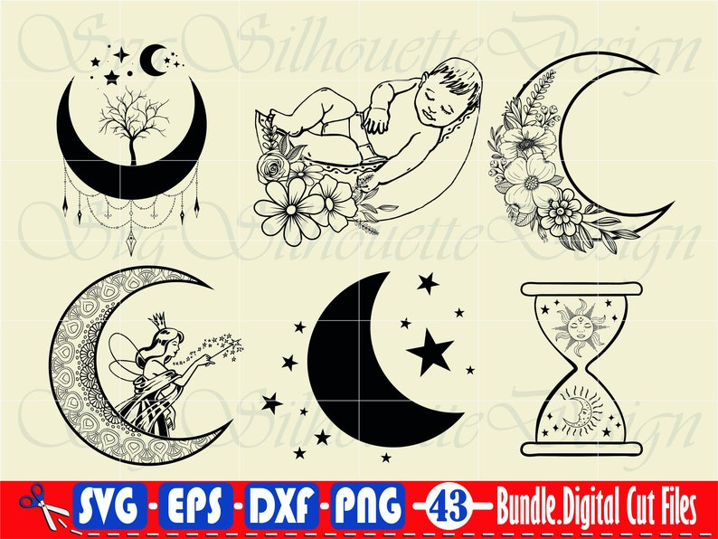 Flower Moon Svg 2 Crescent Moon Svg Flower Svg Floral Moon Etsy