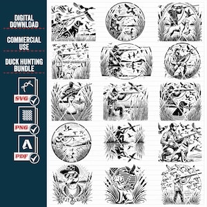 May include: A set of 12 black and white illustrations of duck hunters with their dogs and ducks. The illustrations are in a circle with a white background. The illustrations are perfect for use in crafting projects, scrapbooking, or as digital downloads.