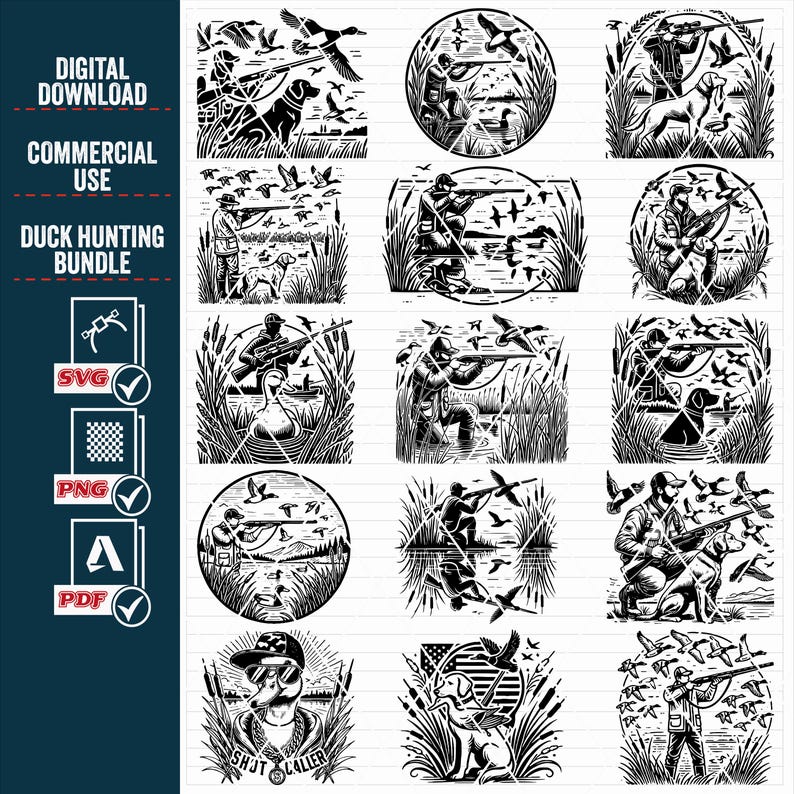 May include: A set of 12 black and white illustrations of duck hunters with their dogs and ducks. The illustrations are in a circle with a white background. The illustrations are perfect for use in crafting projects, scrapbooking, or as digital downloads.