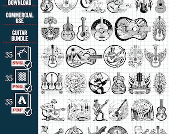 Puede incluir: Un conjunto de 35 ilustraciones digitales de guitarras en blanco y negro. Las ilustraciones presentan una variedad de diseños de guitarras, incluyendo guitarras acústicas, eléctricas y bajos. Las ilustraciones son perfectas para usar en proyectos de manualidades, scrapbooking y otras actividades creativas.