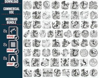 Mega paquete de SVG PNG de sirena, archivos vectoriales de silueta de Cricut