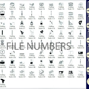 Peut inclure: Une image en noir et blanc de 65 outils de bricolage, num&eacute;rot&eacute;s. L'image comprend des outils tels que des ciseaux, des aiguilles, du fil, des boutons et des r&egrave;gles. L'image comprend &eacute;galement le texte "FILE NUMBERS".