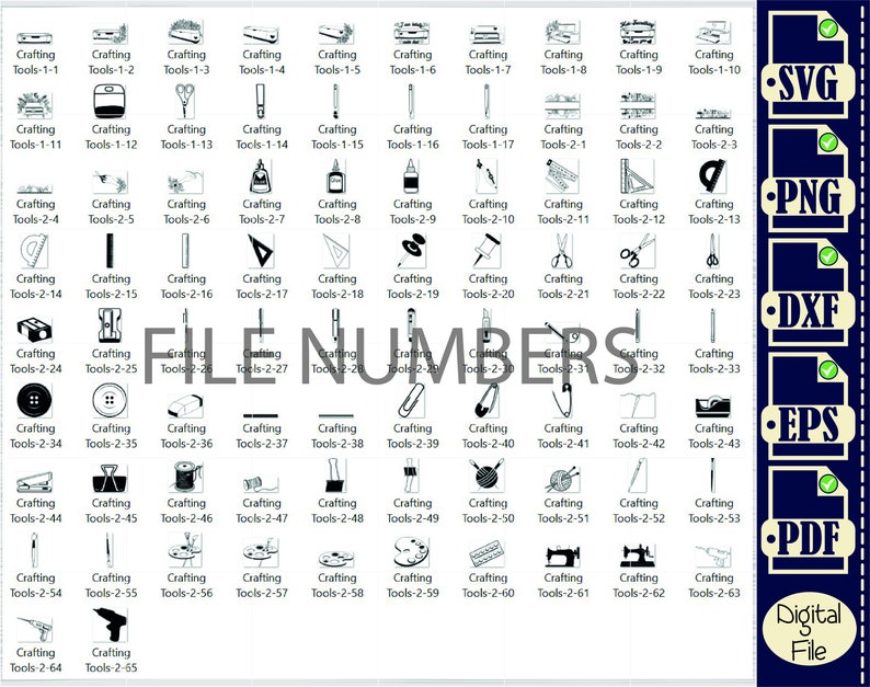 Peut inclure: Une image en noir et blanc de 65 outils de bricolage, num&eacute;rot&eacute;s. L'image comprend des outils tels que des ciseaux, des aiguilles, du fil, des boutons et des r&egrave;gles. L'image comprend &eacute;galement le texte "FILE NUMBERS".