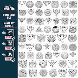 May include: A set of 60 black and white digital illustrations of manta rays in various poses and designs. The illustrations are perfect for crafting, scrapbooking, and other creative projects.
