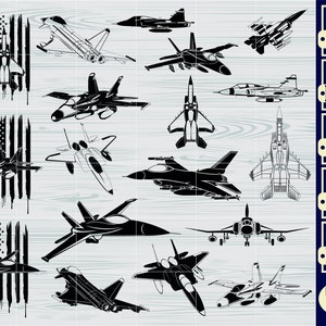 May include: A digital file download of 10 black and white silhouette images of fighter jets. The images are in SVG, PNG, DXF, EPS, and PDF formats. The images are ideal for crafting, scrapbooking, and other creative projects.