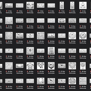 May include: A collection of 60 black and white illustrations of underwater scenes. Each illustration features a variety of sea creatures, plants, and objects. The illustrations are arranged in a grid pattern.