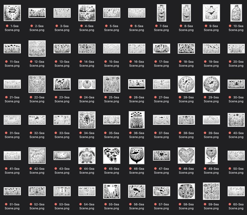 May include: A collection of 60 black and white illustrations of underwater scenes. Each illustration features a variety of sea creatures, plants, and objects. The illustrations are arranged in a grid pattern.