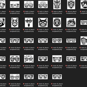 May include: A collection of 33 black and white illustrations of sunglasses with various designs. The sunglasses feature different scenes and objects reflected in the lenses, such as palm trees, ocean waves, and animals.