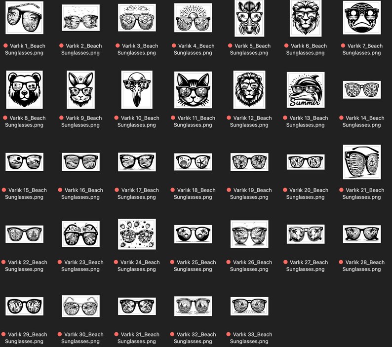 May include: A collection of 33 black and white illustrations of sunglasses with various designs. The sunglasses feature different scenes and objects reflected in the lenses, such as palm trees, ocean waves, and animals.