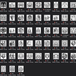 Puede incluir: Una colecci&oacute;n de 93 ilustraciones digitales que representan esqueletos en diversas poses y escenarios, incluyendo parejas, m&uacute;sicos y esqueletos montando bicicletas. Las ilustraciones son en blanco y negro y tienen un estilo vintage dibujado a mano.
