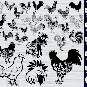May include: A digital download of 20 black and white rooster silhouettes in various poses. The roosters are all facing different directions and have different tail feathers. The silhouettes are perfect for crafting, scrapbooking, and other creative projects.