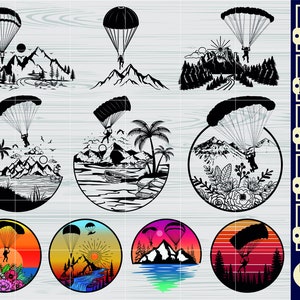 Parachute SVG-bundel, paragliding SVG, skydiven clipart, gesneden bestanden voor silhouette, bestanden voor Cricut, parachute vector, ontwerp, SVG, DXF, PNG