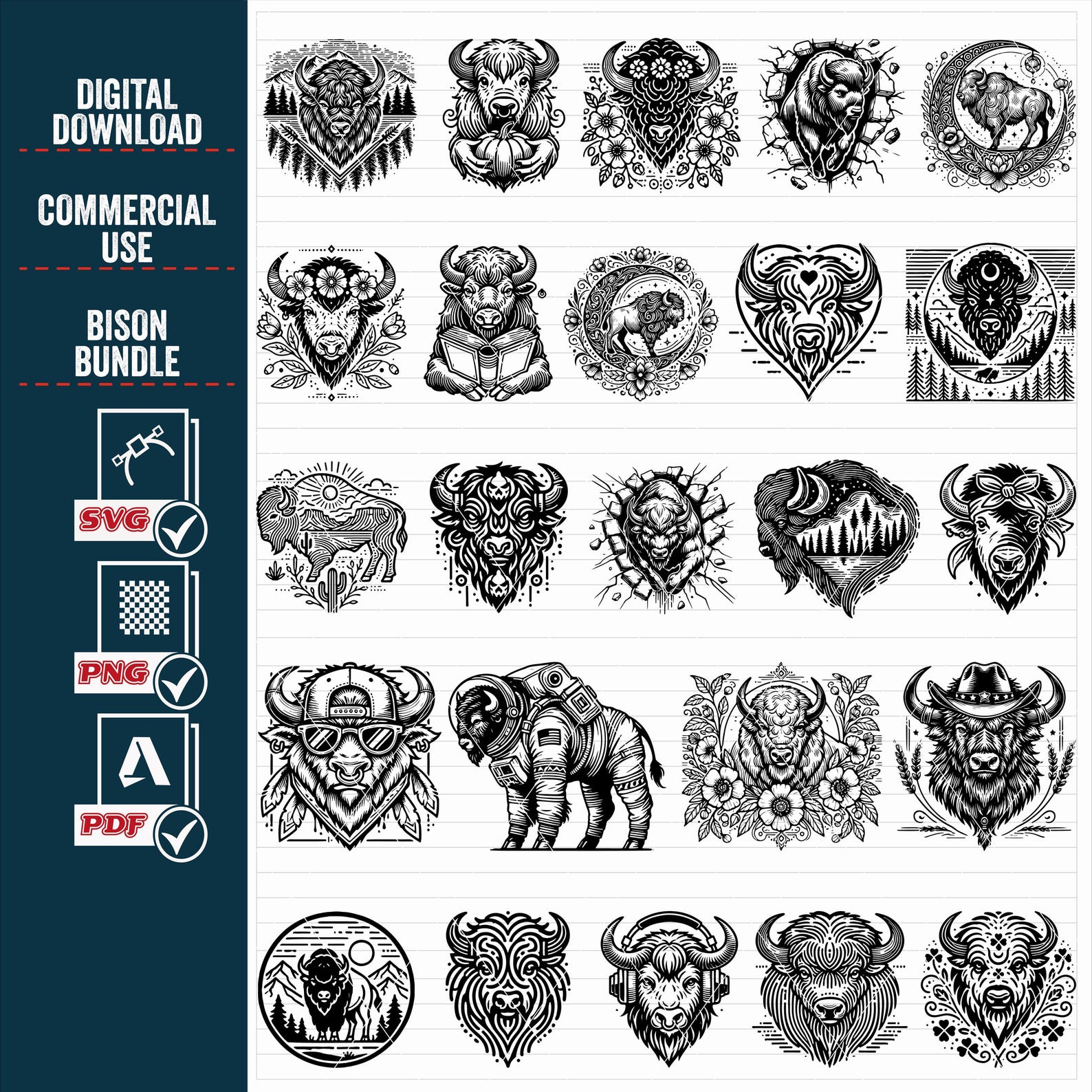 Bison SVG PNG Clipart Bundle, Buffalo Vector Designs (digital Download ...