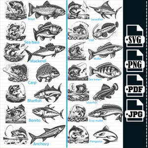 Bundle Svg poisson, pêche SVG, Svg pêche à l'achigan, Png poisson, clipart poisson, pêcheur SVG, couper fichier Cricut, Silhouette, ensemble d'animaux de l'océan, pdf