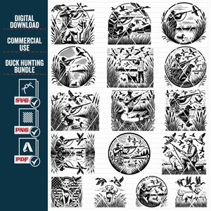 May include: A set of 12 black and white digital illustrations of duck hunters in various poses. The hunters are depicted with guns, dogs, and ducks. The illustrations are perfect for use in crafting projects, scrapbooking, or other creative endeavors.
