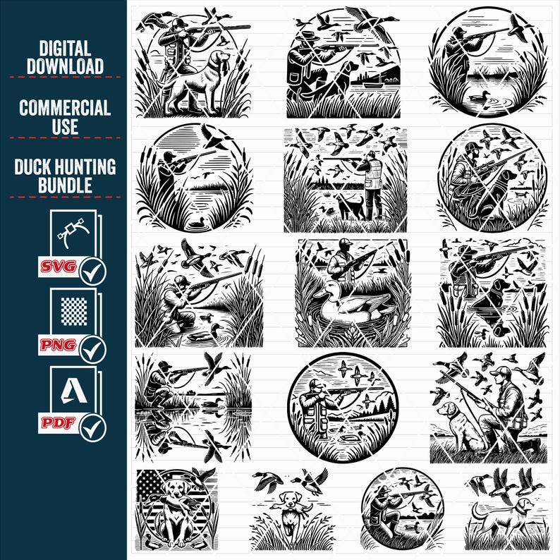 May include: A set of 12 black and white digital illustrations of duck hunters in various poses. The hunters are depicted with guns, dogs, and ducks. The illustrations are perfect for use in crafting projects, scrapbooking, or other creative endeavors.