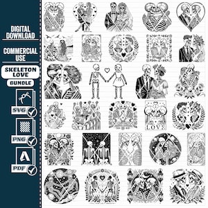 Puede incluir: Un paquete de descarga digital de 24 ilustraciones en blanco y negro con parejas de esqueletos en varias poses. Las ilustraciones incluyen corazones, flores y texto como "Love Never Dies" y "Till Our Last Breath".