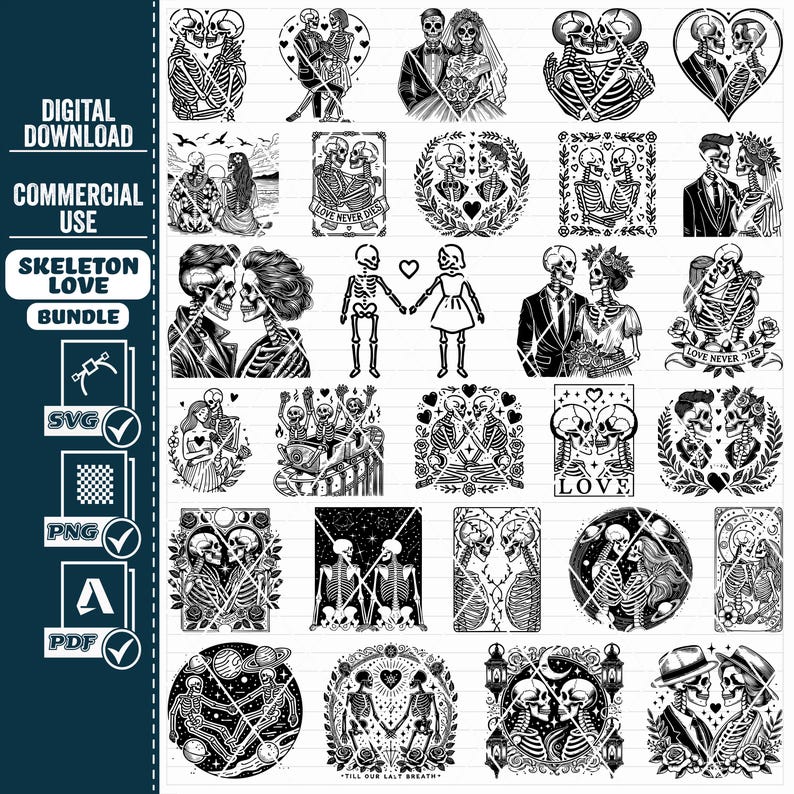 Puede incluir: Un paquete de descarga digital de 24 ilustraciones en blanco y negro con parejas de esqueletos en varias poses. Las ilustraciones incluyen corazones, flores y texto como "Love Never Dies" y "Till Our Last Breath".