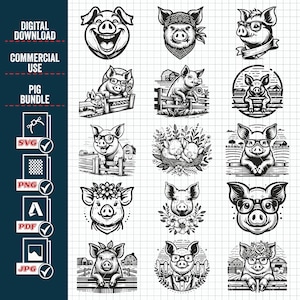 Lindo paquete de SVG PNG de cerdo, n.° 2, cerdo gracioso Svg, cerdo floral Svg, animal de granja Svg, archivos Svg para Cricut, clipart, archivos de corte, png, Svg, pdf, vector