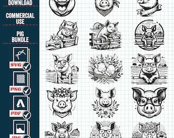 Cute PIG SVG PNG Bundle,#2, Funny Pig Svg, Floral Pig Svg, Farm Animal Svg, Svg Files For Cricut, Clipart, Cut Files, Png, Svg, Pdf, Vector