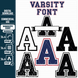 May include: A digital download graphic featuring a varsity font bundle. The image displays various letter "A" designs in black, white, and navy blue, with a red outline. Text includes "VARSITY FONT" and "DIGITAL DOWNLOAD".