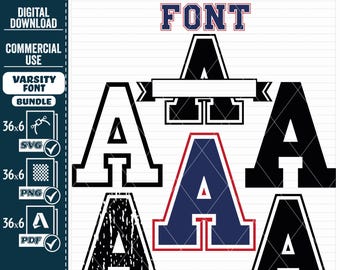 May include: A digital download graphic featuring a varsity font bundle. The image displays various letter "A" designs in black, white, and navy blue, with a red outline. Text includes "VARSITY FONT" and "DIGITAL DOWNLOAD".