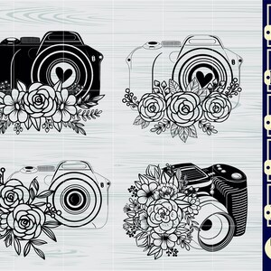 May include: A digital file download of four black and white camera illustrations with floral accents. Each camera has a heart shape in the lens. The illustrations are perfect for crafting projects, scrapbooking, and digital design.