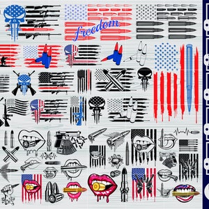 May include: A digital download of 10 different designs featuring American flags, skulls, guns, bullets, and lips. The designs are in black, white, red, and blue. The text "Freedom" is included in one of the designs. The designs are available in SVG, PNG, DXF, EPS, and PDF formats.