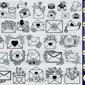 Archivo de corte SVG de sobre, SVG de día de San Valentín, archivo SVG de carta de amor, correo, clipart de sobre con flores, archivos de corte para silueta, Cricut, Vector