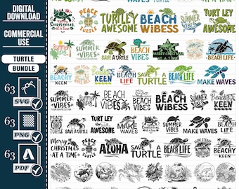 May include: A set of 63 digital designs featuring various turtle-themed illustrations. The designs include phrases like "Beach Vibes", "Save a Turtle", "Aloha", and "Make Waves". The designs are in black and white and are perfect for crafting projects, t-shirts, and more.