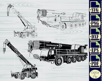 May include: Three black and white illustrations of different types of cranes. The cranes are in a side view and are facing the right side of the image. The cranes are on a wood grain background. The text "Digital File" is in the bottom right corner of the image.