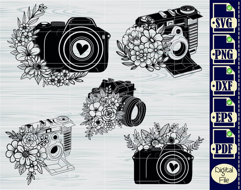 May include: Black and white digital download of four camera designs with floral embellishments. Each design features a camera with a heart in the lens and floral accents. The designs are labeled with file types: SVG, PNG, DXF, EPS, and PDF.