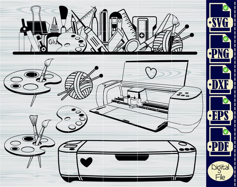 Peut inclure: Illustration en noir et blanc d'un espace de travail artisanal avec une machine de d&eacute;coupe Cricut, des palettes de peinture, de la laine et d'autres fournitures artisanales. L'image comprend le texte "Fichier num&eacute;rique".
