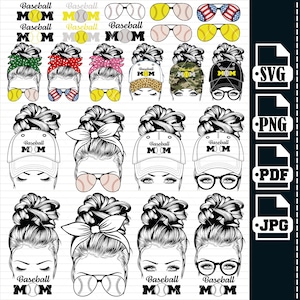 Baseball Mom Messy Bun Hair SVG PNG , Softball Mom svg Download, File jpg png, Softball Shirt, Mom Hair With Hat Cut File for Cricut, Vector