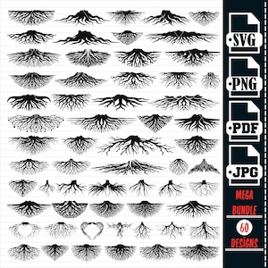 Paquete Mega de SVG PNG de raíces de árboles, archivo de corte SVG de raíces para Cricut, clipart de raíces, vector de raíces, silueta de raíces, archivo digital, uso comercial