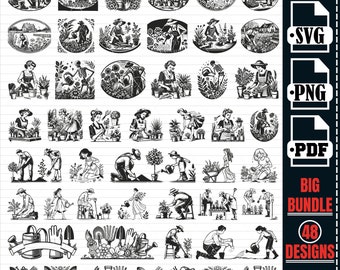 Gardener SVG Big Bundle, Gardening Tools Cut Files, Clipart (48 Designs)