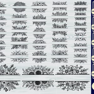 Podzielona ramka kwiatowa SVG, #2, clipart kwiatowy monogram, obramowanie kwiatowe, plik cięty Split Flower SVG, obramowanie ślubne SVG, podzielona ramka nazwy SVG, DXF