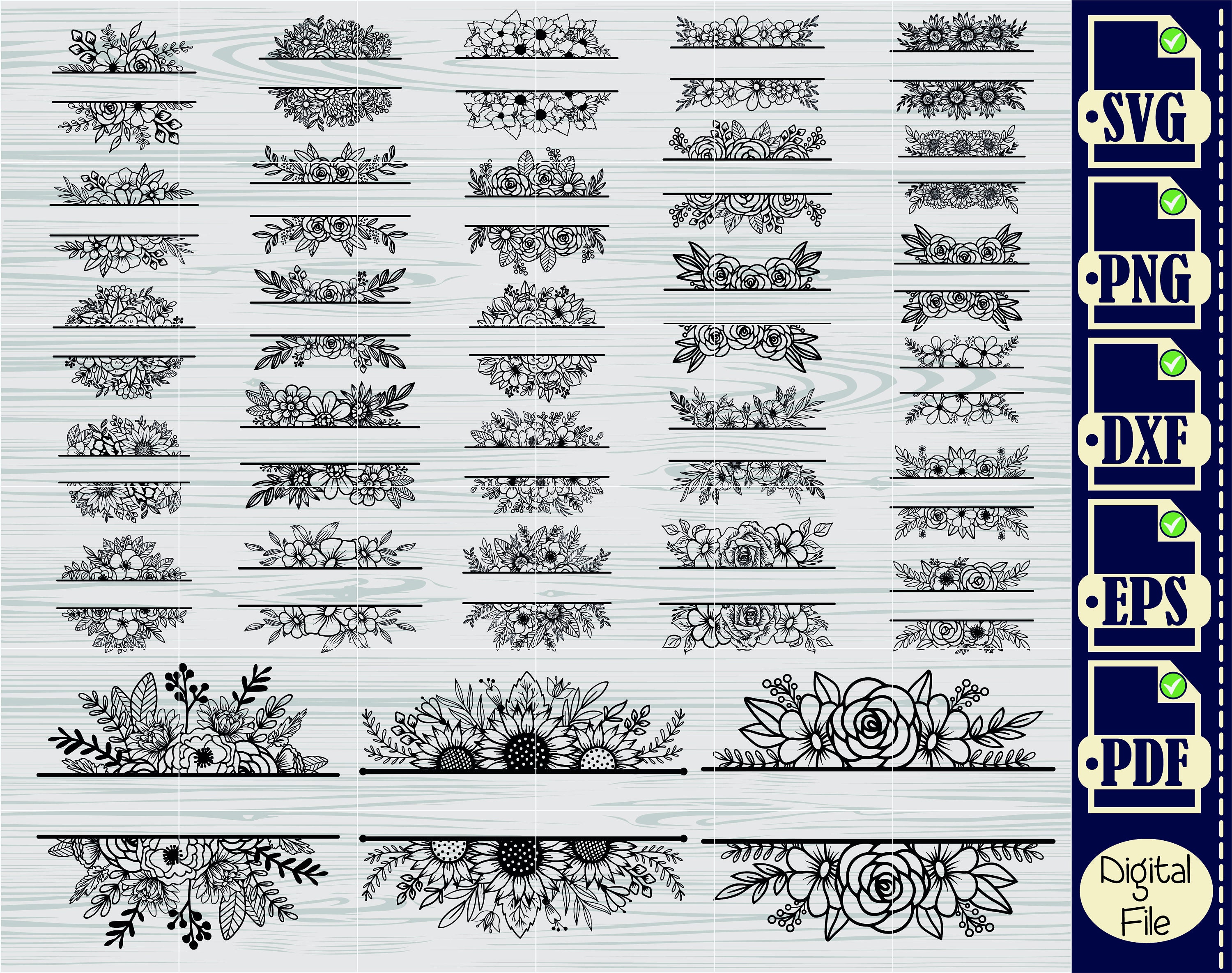 Split Floral Frame SVG,#2, Floral Monogram clipart, Floral Border, Split Flower cut file SVG, Wedding Border Svg, Split Name Frame Svg, DXF
