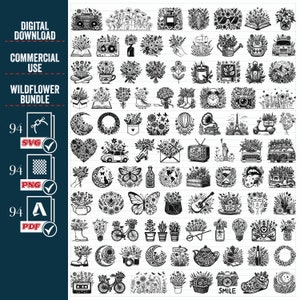 Fleurs sauvages SVG Png Mega Bundle, Svg fleur, Svg floral, fleurs sauvages frontière Svg, fleur croquis Svg, Silhouette, Png, Pdf, couper des fichiers pour Cricut