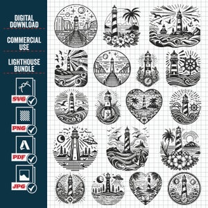 LUMIÈRE SVG Bundle, n° 1, téléchargement numérique instantané, Png, fichiers Svg, Floral phare Svg, fichiers coupés phare, mer svg Vector clipart