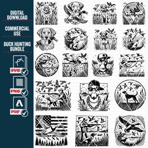 May include: A set of 16 black and white digital illustrations featuring duck hunting scenes. The illustrations include hunters, dogs, ducks, and other hunting equipment. The illustrations are perfect for use on t-shirts, mugs, and other merchandise.