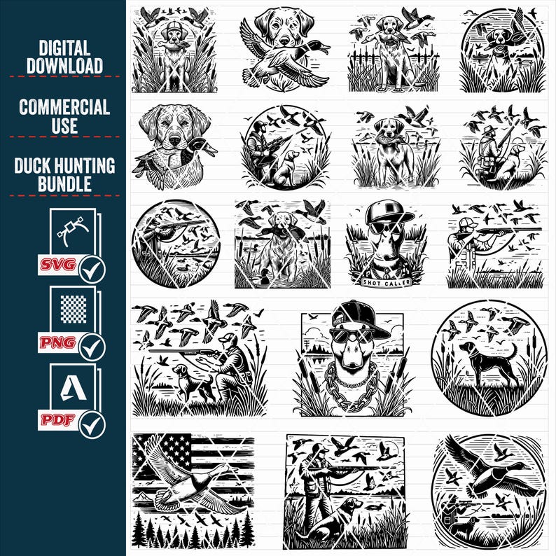 May include: A set of 16 black and white digital illustrations featuring duck hunting scenes. The illustrations include hunters, dogs, ducks, and other hunting equipment. The illustrations are perfect for use on t-shirts, mugs, and other merchandise.