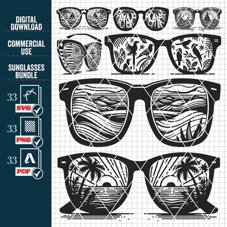 May include: A set of four black and white sunglasses with different designs reflected in the lenses. The designs include palm trees, ocean waves, and a nautical scene. The sunglasses are a digital download and come in SVG, PNG, and PDF formats.